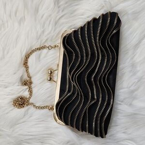 Susan Faris Black and Gold Vintage Evening Bag with Gold Chain